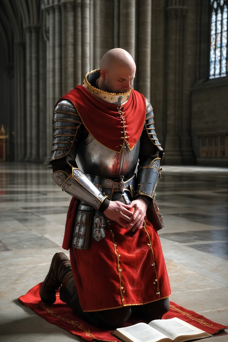 photorealism, indoors, darkness, inside a gothic cathedral, face close up, upper body face focus, solo, rim lighting, magical glow, <lora:Warrior_Priest_of_Sigmar_Mark_of_Chaos_XL-000009:0.8> w4rr1orpr1st, bald male kneeling, head bowed, closed eye, hand on chest, praying,armor, red robes, red capelet, gold trim, metal collar, book at waist, skull symbol necklace, intricate details, high resolution,