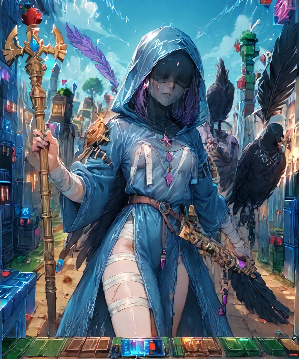 testyle, (Tzeentch:1.2) cultist, scarred, covered face, veil, blue robes, tattered clothes, bandages, warhammer fantasy, holding a staff, warlock, raven feathers, black feathers<lora:Xinsir_glitch_style_retrained_FORPONY-000013:1>