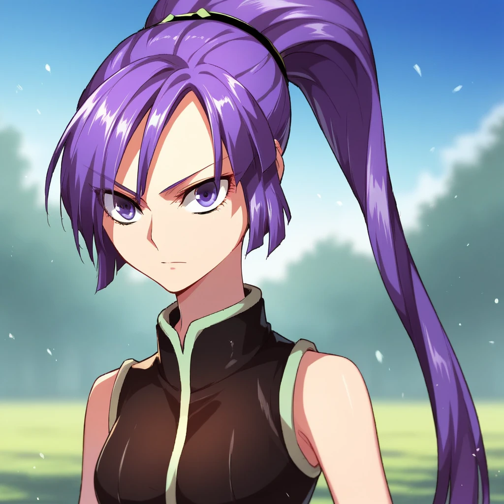 score_9_up, score_8_up, BREAK, MissLei, 1girl, solo,  purple hair, ponytail, long hair, purple eyes, armor, sleeveless, upper body, <lora:MissLei_MagicEmperor_PXL_Leaf1:1>, outdoors, depth of field, light particles,