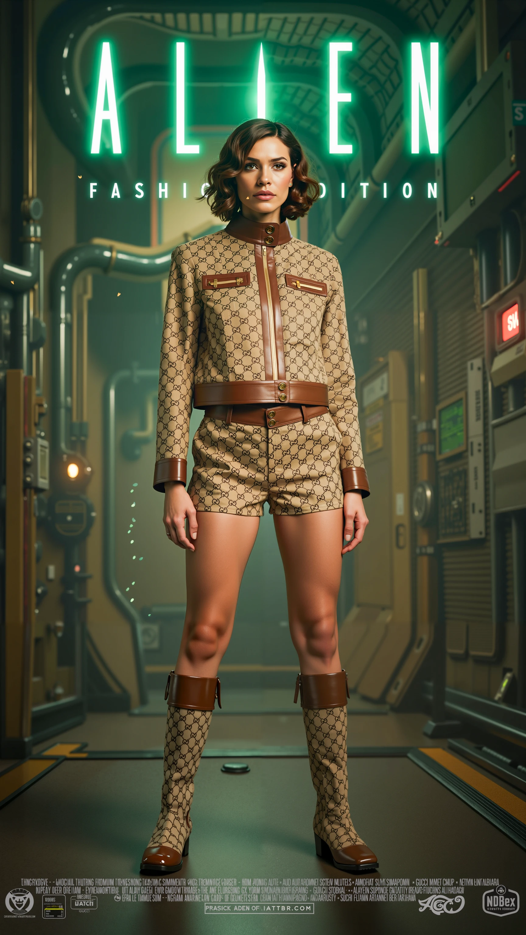 Create a high-quality, cinematic movie poster inspired by Alien featuring Ripley, but with a luxury fashion twist—she’s wearing a Gucci outfit. Ripley has short, curly hair and is wearing a beige and brown printed Gucci short set with a belted jacket and matching monogrammed shorts. Her mid-calf Gucci boots feature similar monogram details and solid brown tips.

The background is the iconic, dark, industrial spaceship interior from Alien, complete with ribbed walls, pipes, and mechanical structures inspired by H.R. Giger's biomechanical designs. The lighting is moody and atmospheric, casting long shadows that add depth and tension. Ripley stands at the center of the poster, her expression one of fierce determination, her posture strong, ready to face the threat of the alien.

Above her head, large, bold metallic text reads:
"ALIEN: FASHION EDITION"
The tagline beneath could be: "In space, no one can hear you slay."

Camera angle: Slight low-angle shot to emphasize Ripley’s strength and dominance, capturing both her stylish Gucci outfit and the intimidating sci-fi environment around her.
Lighting: Dim, cold lighting typical of the Alien franchise, with a sharp spotlight on Ripley to highlight the contrast between the luxurious Gucci attire and the gritty, dark spaceship setting. Neon green light softly glows in the background, hinting at the presence of the alien threat.

At the bottom of the poster, add credits in a traditional movie poster layout, featuring Gucci as a prominent sponsor and branding that blends both high fashion and sci-fi aesthetics.