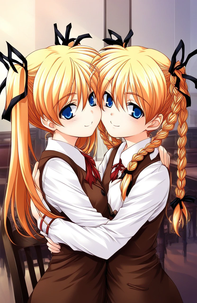 score_9, score_8_up, score_7_up, source_anime, rating_explicit, BREAK  <lora:Itsukiï¼Imi_Ver2.0_XL:1>  Itsukiï¼Imi, multiple girls, 2girls, blonde hair, twins, siblings, blue eyes, twintails, braid, ribbon, sisters, twin braids, hair ribbon, long hair, chair,
 brown vest, hug, upper body, shirt, smile, 
short stack,