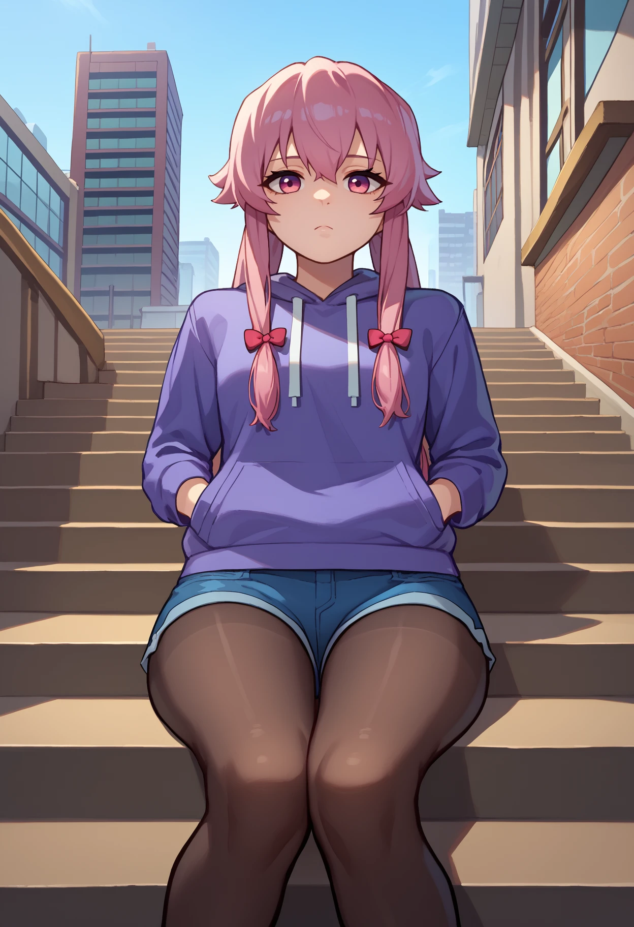 score_9, score_8_up, score_7_up, <break> solo, 1girl, yun0gasai, expressionless, looking at you, sitting, stairs, hands in pockets, twintails, hair bow, purple hoodie, long sleeves, blue shorts, denim shorts, black pantyhose, outdoors, city
<segment:yolo-face_yolov8m.pt,0.4,0.5//cid=1>