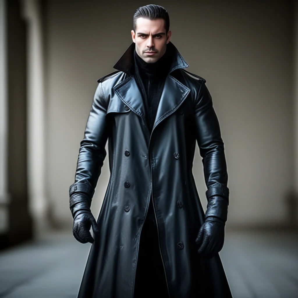 a very handsome stronge man in a black trenchcoat and boots standing in a street, wearing black leather trenchcoat, gothic coat, black draconic - leather, stylish coat for a rave, black greatcoat, hyper ultra cinematic volumetric lighting, wide shot with Sony Fx6