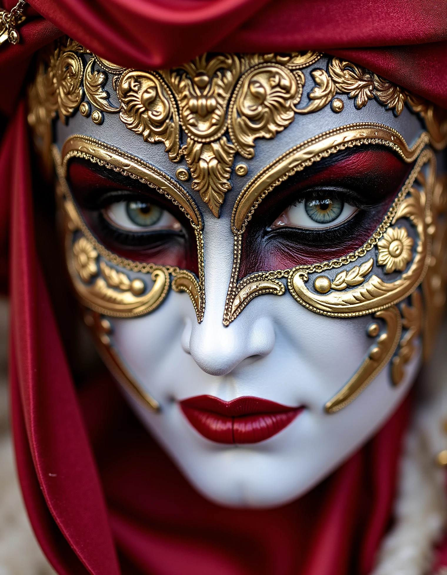 zavy-crnvl, a portrait of a single carnival participant wearing an elaborate, hand-painted mask. The focus is on the mask’s intricate details and the subject’s eyes peeking through, conveying mystery and intrigue