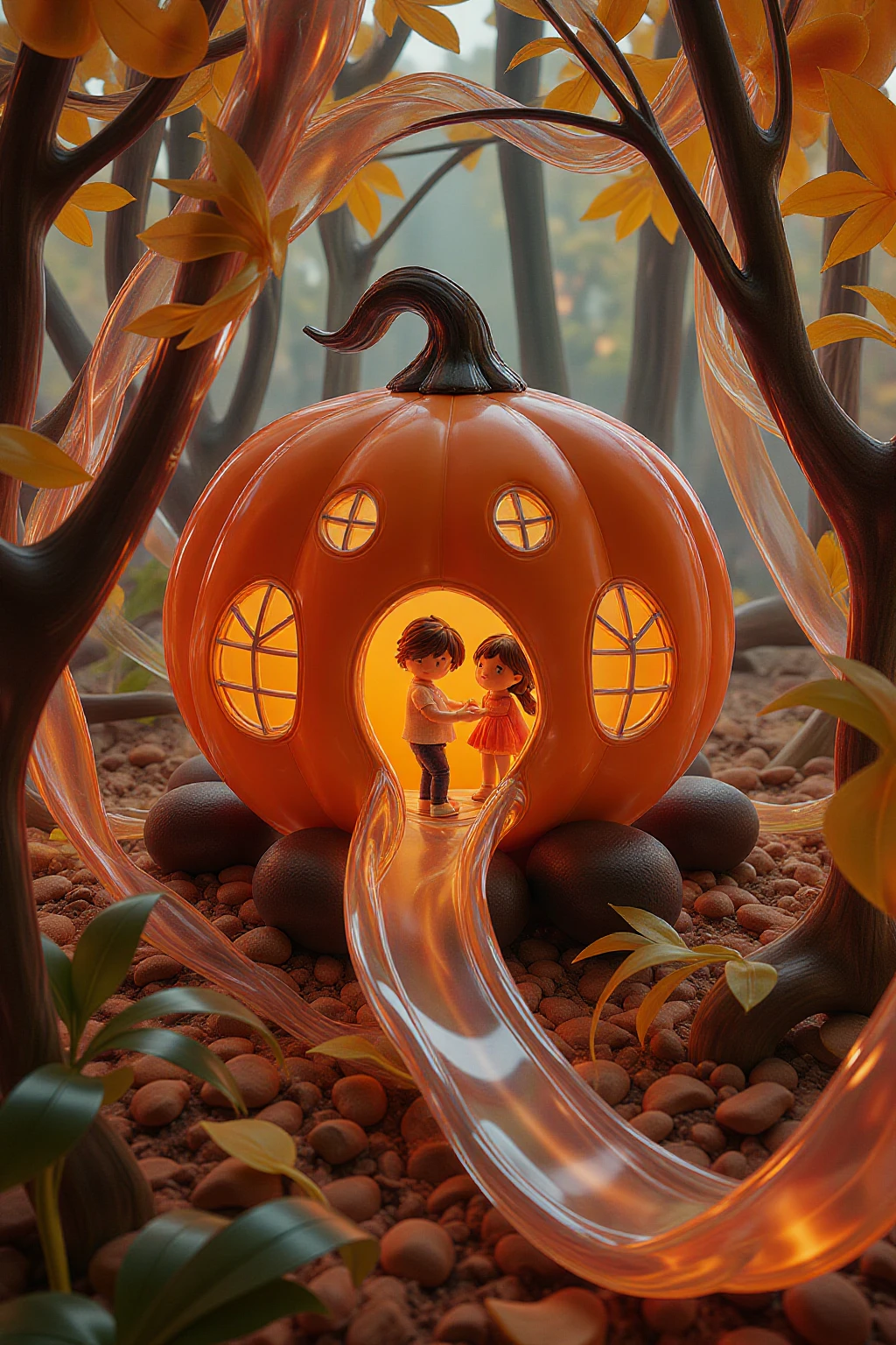 bingyuzai,A whimsical pumpkin house with windows glowing, surrounded by iridescent transparent glass ribbon, nestled in an enchanted forest glade. A miniature slide leading to the entrance is adorned with leaves and lights, creating a magical ambiance. The scene captures playful children exploring inside, surrounded by vibrant autumn foliage.