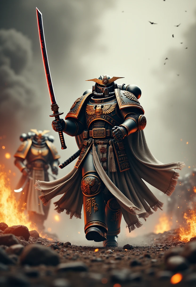 imagine a photorealistic depiction of an edo space marine in decorated power armor and cloak charging across a smoke and fire filled battlefield raising his nodachi raised overhead 