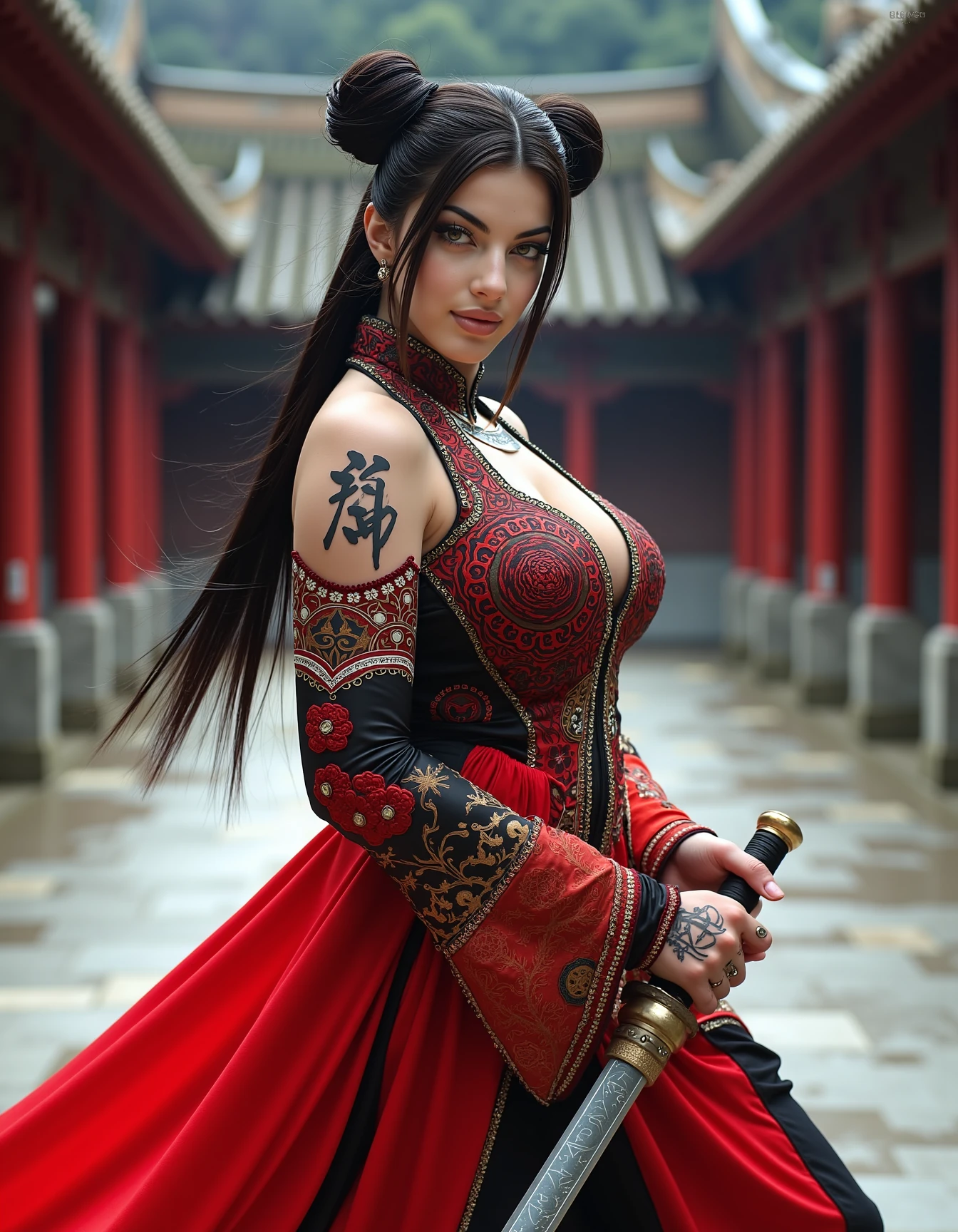 <lora:Grelmosss:1> high-quality amateur photograph of Grelmosss, a fierce female warrior with long black hair styled into two traditional Chinese buns. She is captured in a dynamic combat pose, displaying agility and strength. Grelmosss is wearing an intricately detailed, traditional Chinese red and black combat dress, with flowing fabric that complements her movements. The setting is inspired by ancient China, with a traditional architectural background featuring pagodas and stone pathways. Her hands are perfectly anatomically proportioned, gripping her weapons with precision. She has Chinese-themed tattoos running down her arms, and her subtle makeup, with a touch of mascara and eyeliner, enhances her fierce look. This is a full-body shot, capturing the intensity of the moment and the authenticity of the traditional Chinese atmosphere.