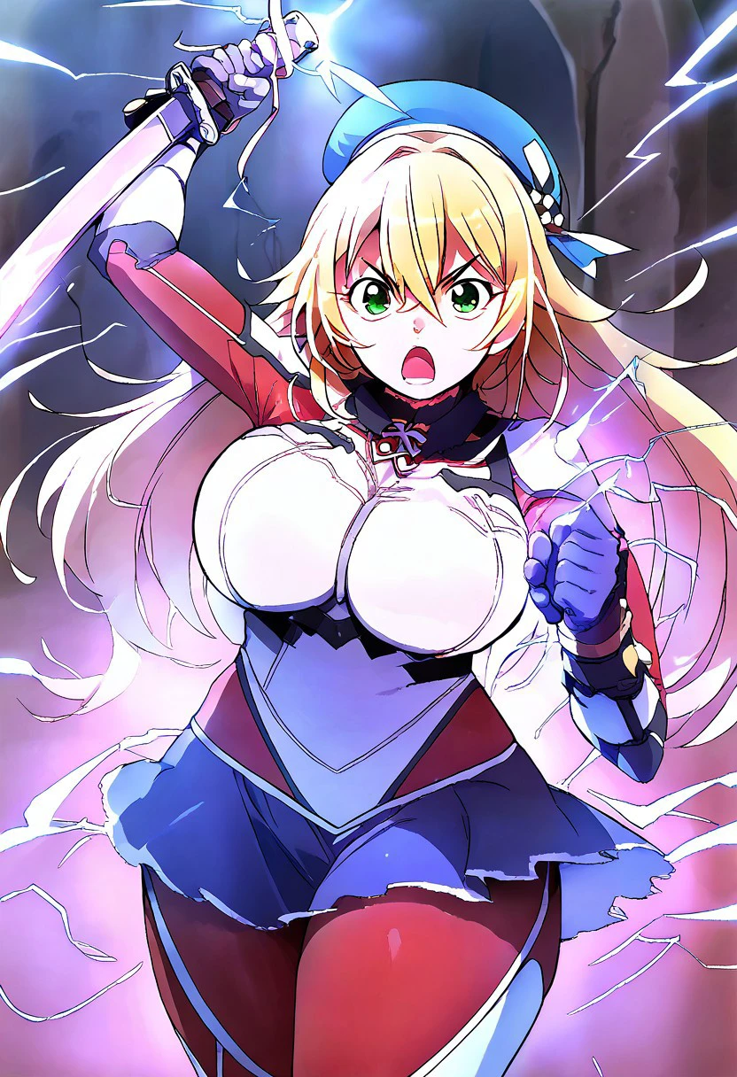 score_9, score_8_up, score_7_up, score_6_up, source_anime, anime screencap, atagokc, blonde hair, green eyes, long hair, bangs, hair between eyes, large breasts, blue headwear, beret, thick thighs, alternate costume, takaoDEB, black panyhose, 1girl, solo, breasts, large breasts, cowboy shot, holding, holding sword, holding weapon, katana, action pose, electricity, sword slash, looking at viewer, open mouth, serious, shouting, good_hands, detail1eye,