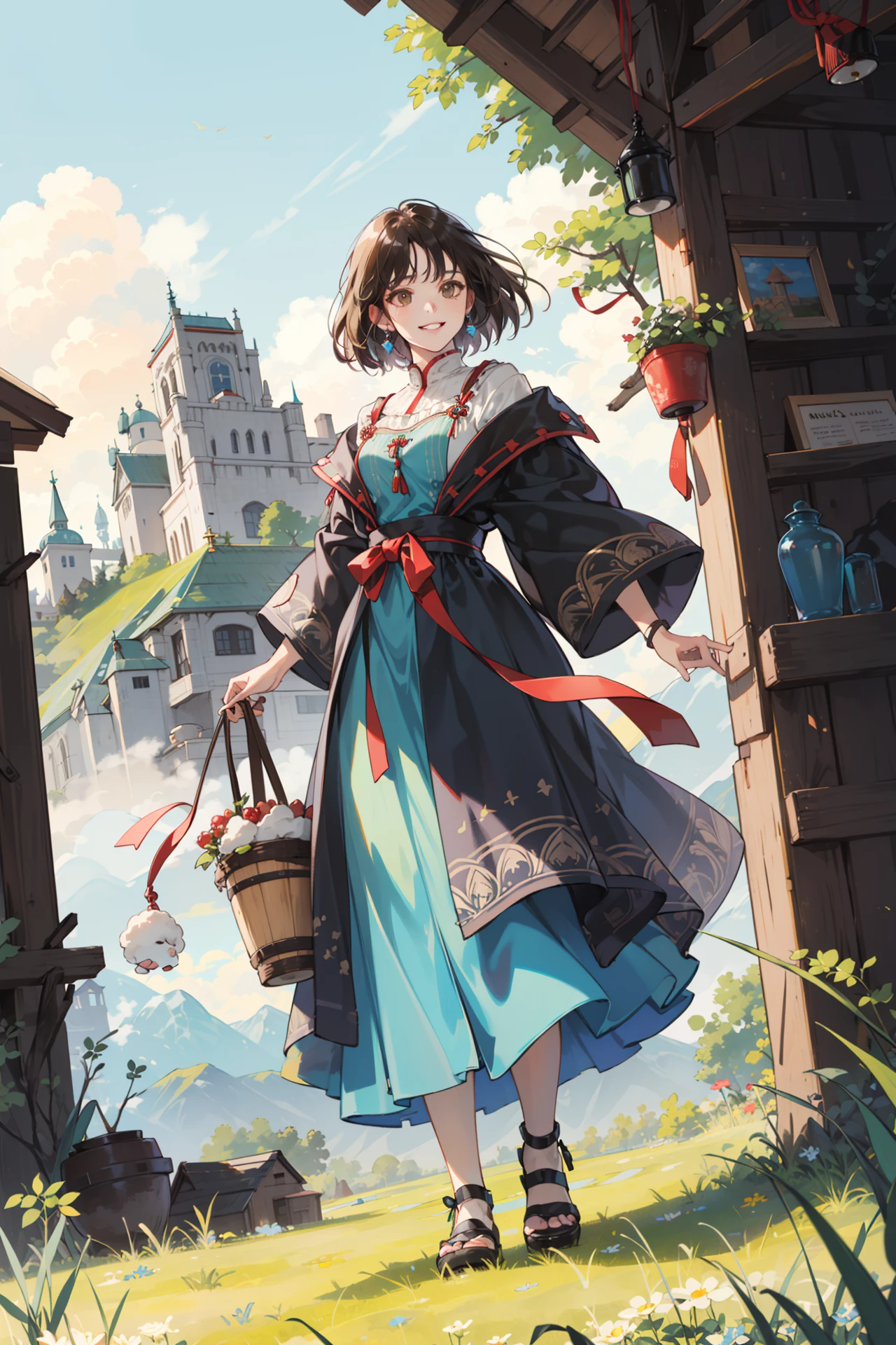 (absurdres, highres, ultra detailed, masterpiece, best quality), full body, dutch angle, finely detailed eyes and detailed face, intricate details, complex background, cinematic lighting, 1girl, solo, short hair, lime hair, dark brown eyes, depth of field, from directly below, dynamic angle, smile, (album cover)
walking, loitering pose, farms, goats, sheep, shepherds, plains, mountains in the distance, pastures, grass, weeds, hedges, herders, piper, peaceful, tranquil, secluded, ethnic style, traditional clothing, vibrant patterns, handmade textiles, cultural motifs, beaded jewelry, artisanal accessories