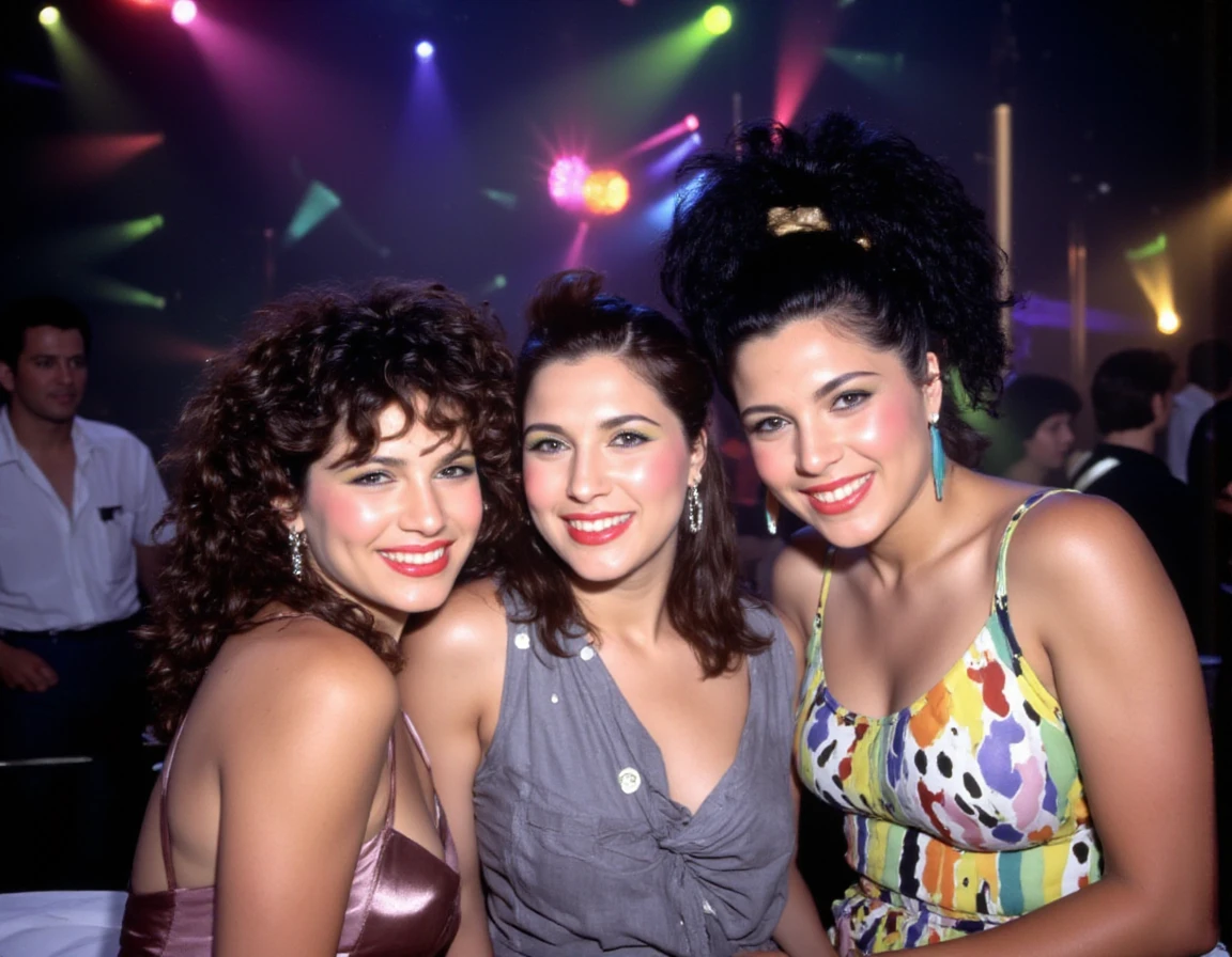 <lora:80s_flux:1>,80slora,photography of 3 people at a party,