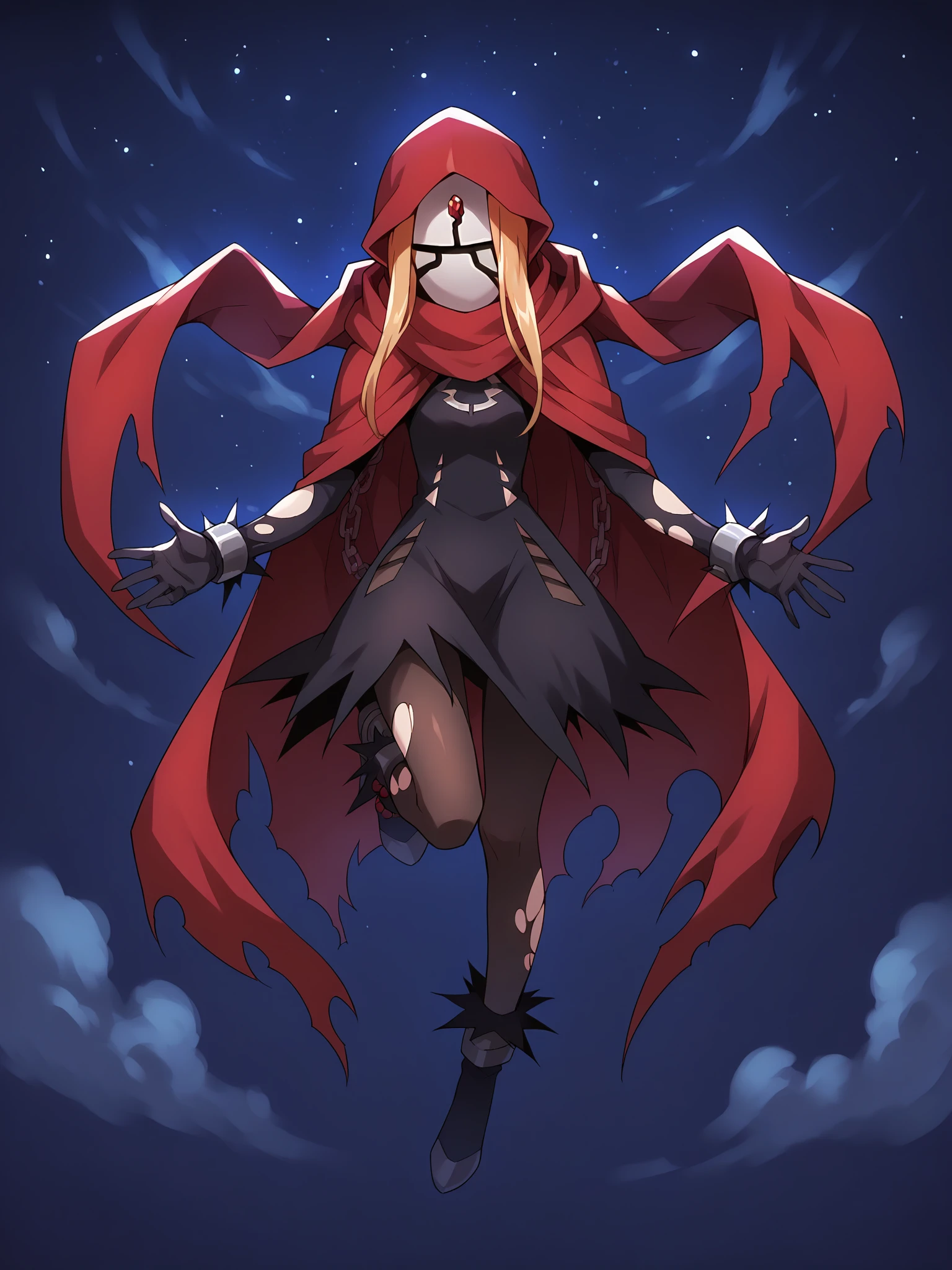 score_9, score_8_up, score_7_up, score_6_up, score_5_up, score_4_up, red_cloak_hooded_cloak_white_mask, Evileye, solo, sky, torn clothes, star (sky), night, starry sky, black_dress, night sky, outstretched arms, brown_pantyhose, flying, bracelet, black gloves, cuffs, outdoors, torn_pantyhose, hood up, cloud, boots, black_footwear, anklet, ankle_cuffs, spread arms, chain, shackles, full_body, <lora:Evileye_V1.5(SDXL):1>