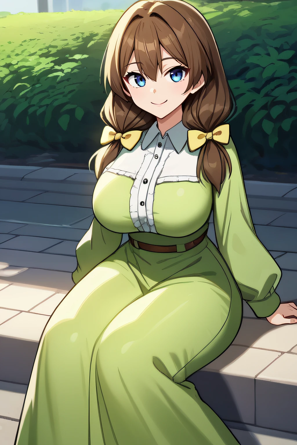 score_9, score_8_up, score_7_up, source_anime, rating_safe, intricate details, anime screencap, official style, 1girl, <lora:Rei:1>, rei, brown hair, blue eyes, twintails, hair over shoulders, large breasts, white shirt, collared, long skirt, green dress, green sleeves, yellow_hairbows, taut dress, cowboy shot, looking at viewer, smile, outdoor, sitting