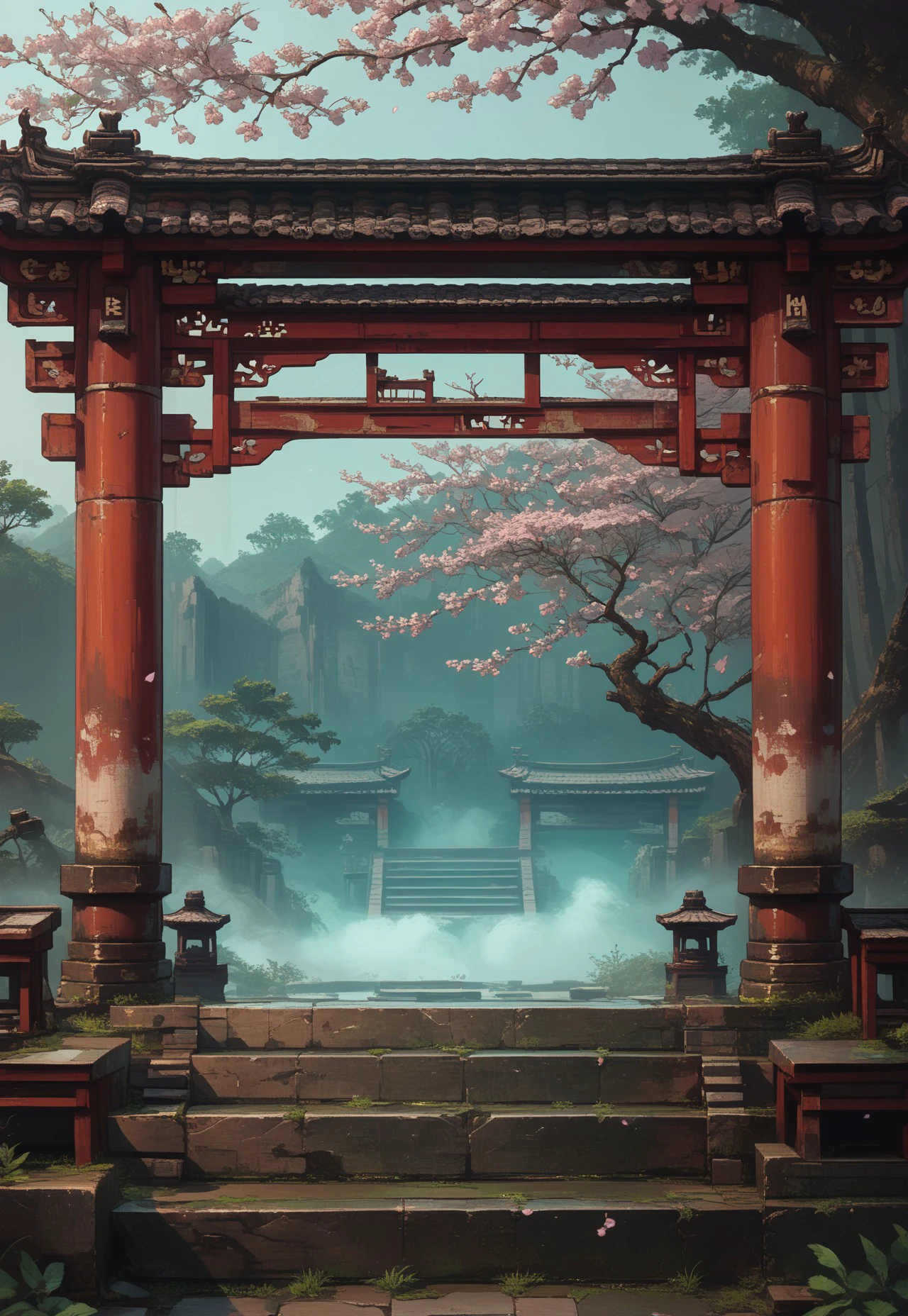 sdfxlz, no humans, stairs, scenery, tree, torii, outdoors, architecture, cherry blossoms, east asian architecture, stone stairs, sky, day, plant, pillar, grass, portal, portals, doorway, futurism, fantasy, background, ultra hd, 32kk,  BREAK PonyXLV6_Scores