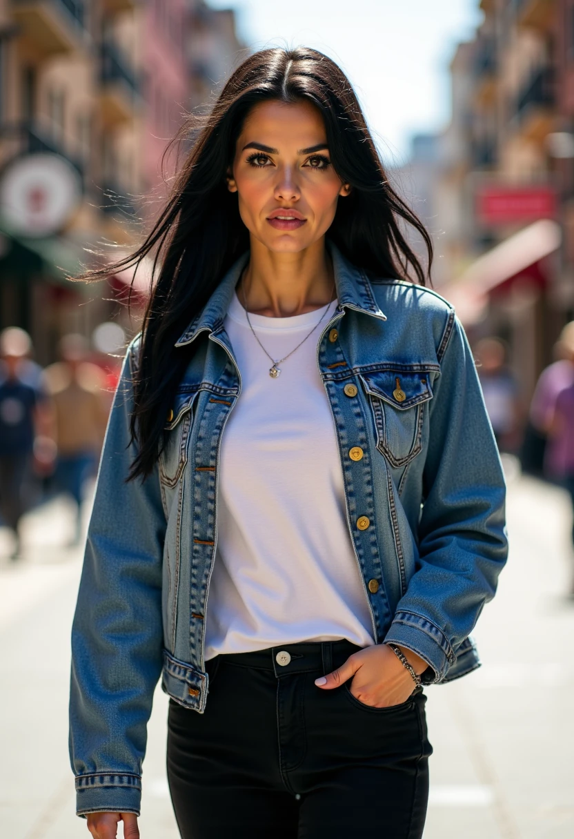 Carys, a beautiful woman with black hair, walking through a vibrant city street wearing a stylish denim jacket, white t-shirt, and black jeans in sunlight.