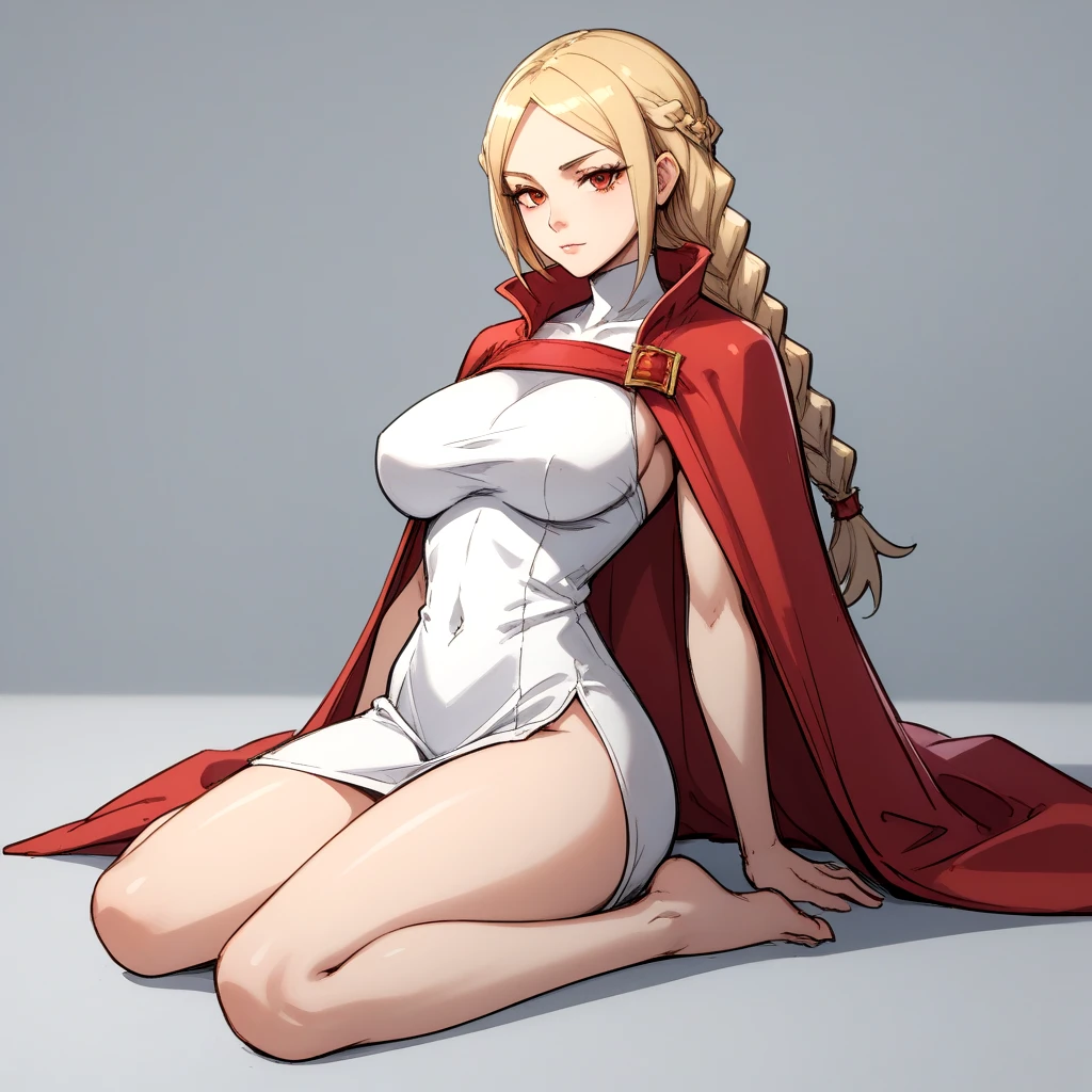 <lora:Princess_Ovelia_Final_Fantasy_Tactics:.5> fftovelia, 1girl, braid, long hair, solo, red eyes, breasts, cape, red cape, blonde hair, dress, white dress, large breasts,, sketch, sketch manga style traditional media croquis colored (medium),, score_9, score_8_up, score_7_up, BREAK,, sexy pose, sexy, slutty, seductive, flirty, flirt, posing seductively,, thin waist, tight body, athletic body,, skimpy,, strong legs, strong thighs, barefoot,