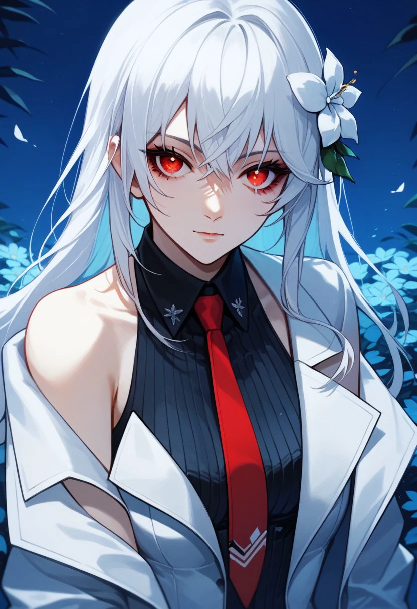 score_9,score_8_up,score_7_up,source_anime, Suzushina Yuriko,1girl,solo,long hair,breasts,looking at viewer,bangs,shirt,hair ornament,red eyes,bare shoulders,jacket,flower,white hair,necktie,sleeveless,virtual youtuber,hair flower,off shoulder,white jacket,red necktie,labcoat,