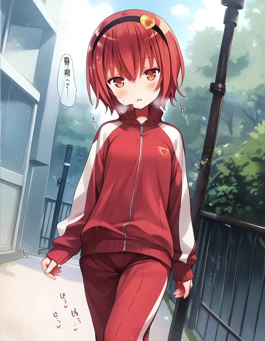 score_9, score_8_up, score_7_up,score_6_up,score_5_up,score_4_up, 1girl ,komeiji satori, red track suit, sweatdrop, walking, red hair, hairband, heart, third eye, open mouth, looking at viewer, dutch angle, heavy breathing, sweat, 
<lora:kiira_style_pony6_v1:1>