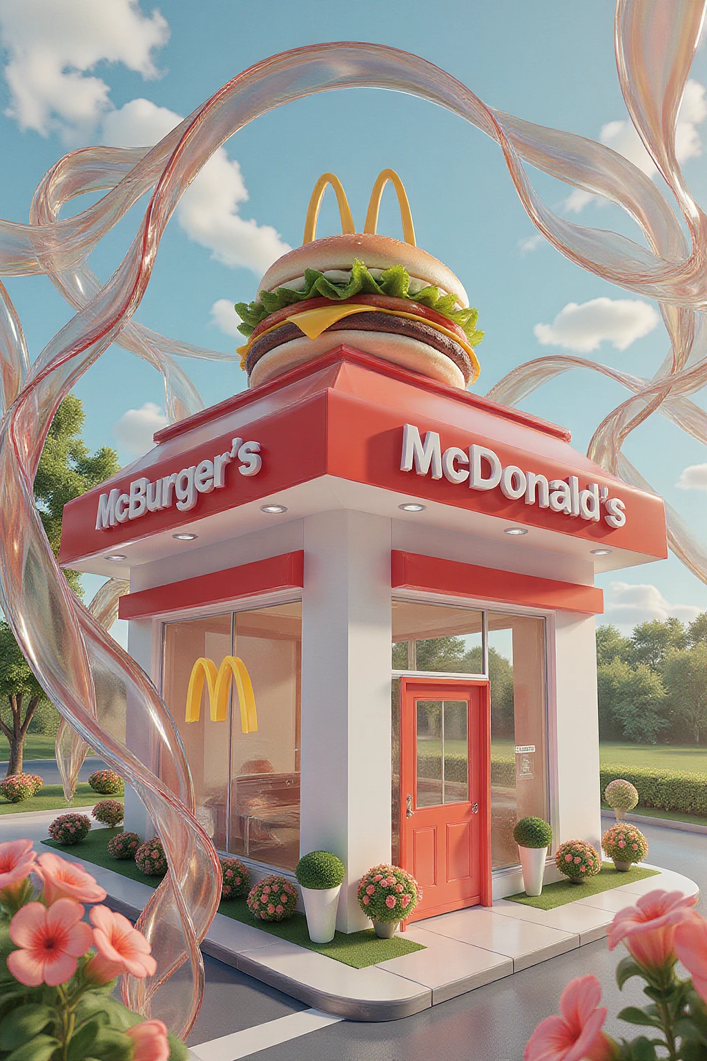 bingyuzai,burger on top,no humans,shop,outdoors,flower,day,building,road,mcdonald's,masterpiece,best quality,in surrounded by transparent glass ribbon,