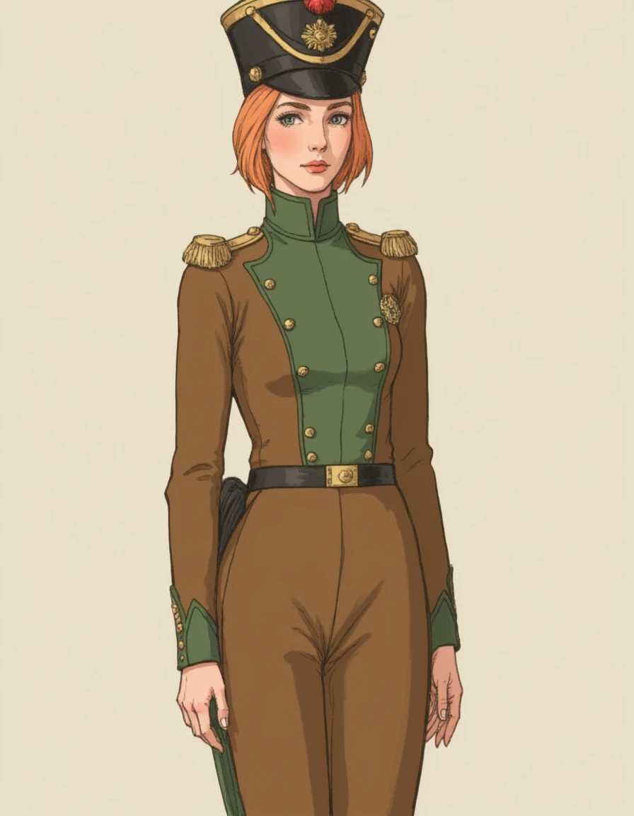 digital anime illustration of a  woman wearing a Napoleonic liegelight military uniform ,green shirt,brown jacket,brown pants,standing and facing viewer,tall shako cap,short peach colored hair,  <lora:Liege_Light_Infantry_Flux:1>