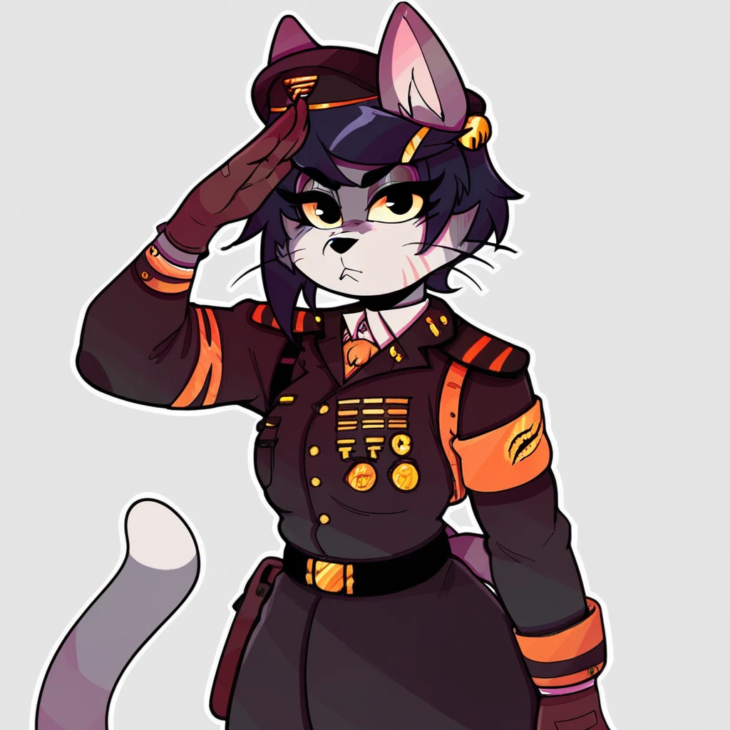 score_9_up, score_8_up, score_7_up, score_6_up, furry female, rose toge, female, furry, cat, yellow eyes, black hair, short hair, cat tail, gloves, headwear, (headgear), salute, looking at viewer, hairclip, naval uniform, standing, (solo), three-quarter view, head tilt, simple background