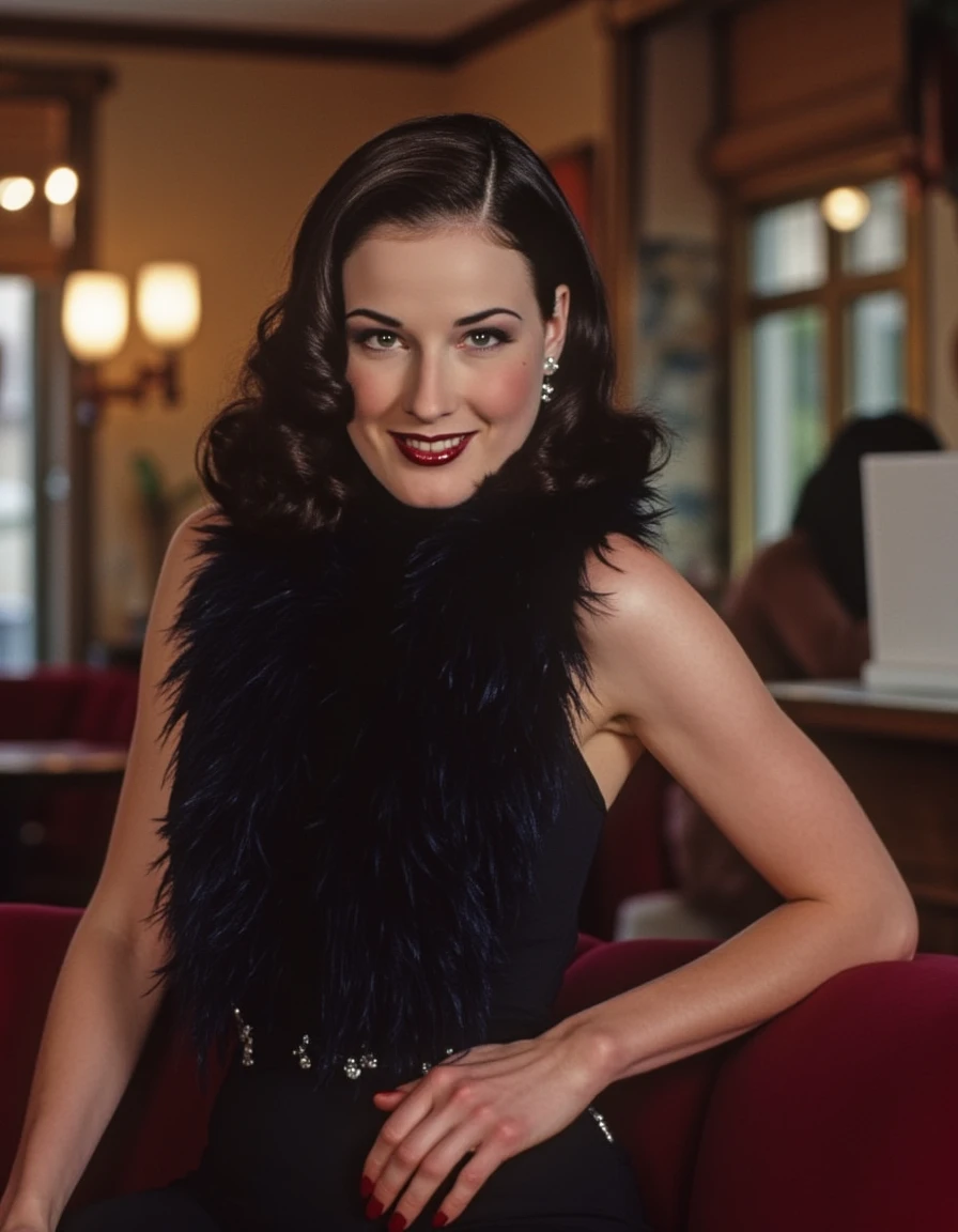 <lora:Dita_Von_Teese_Flux:1> realistic photo of ditavt, brunette, wearing a turtleneck dress, feather boa,  in a cafe looking at viewer smiling