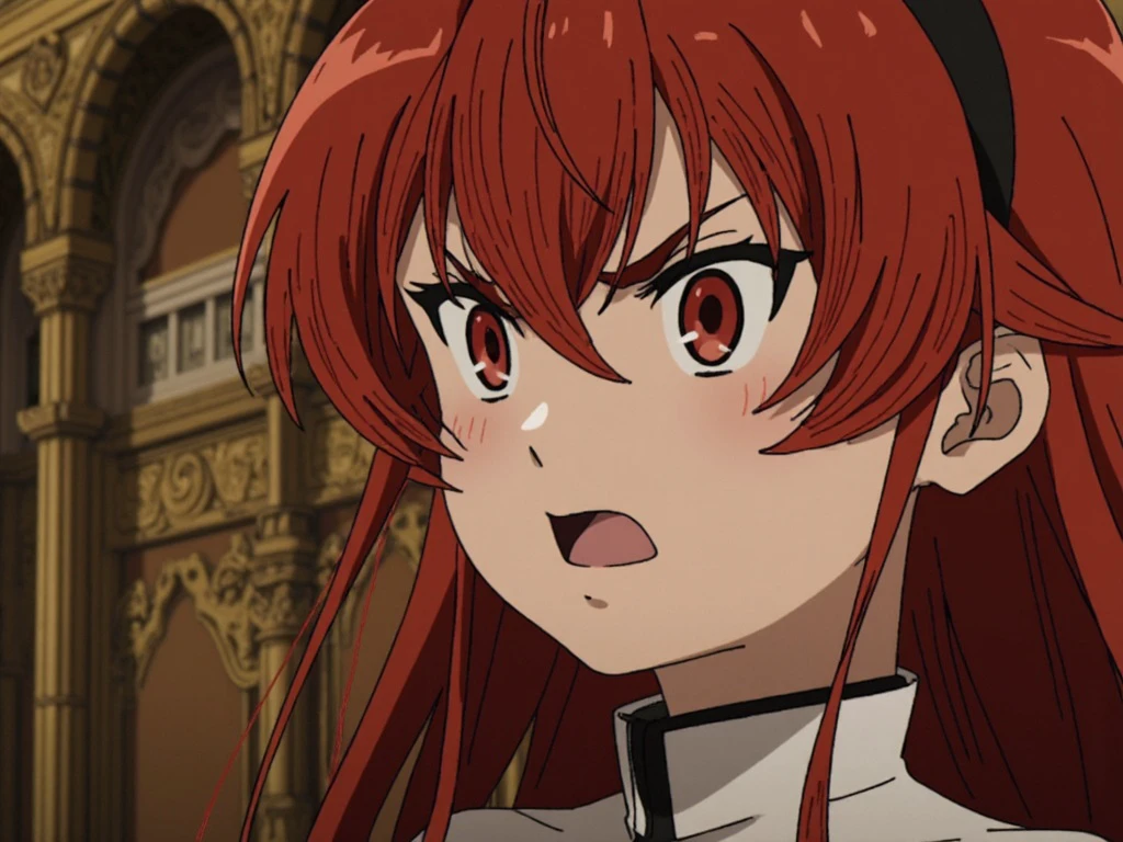 close up of erisgreyrat with an angry face, fills the frame. She is inside a richly decorated room with opulent, medieval-inspired furnishings, golden tapestries, and intricate wooden carvings. Soft, dramatic lighting highlights the contours of her face, casting deep shadows that emphasize her volatile expression. The anime style is bold and dynamic, with vibrant colors and high contrast.