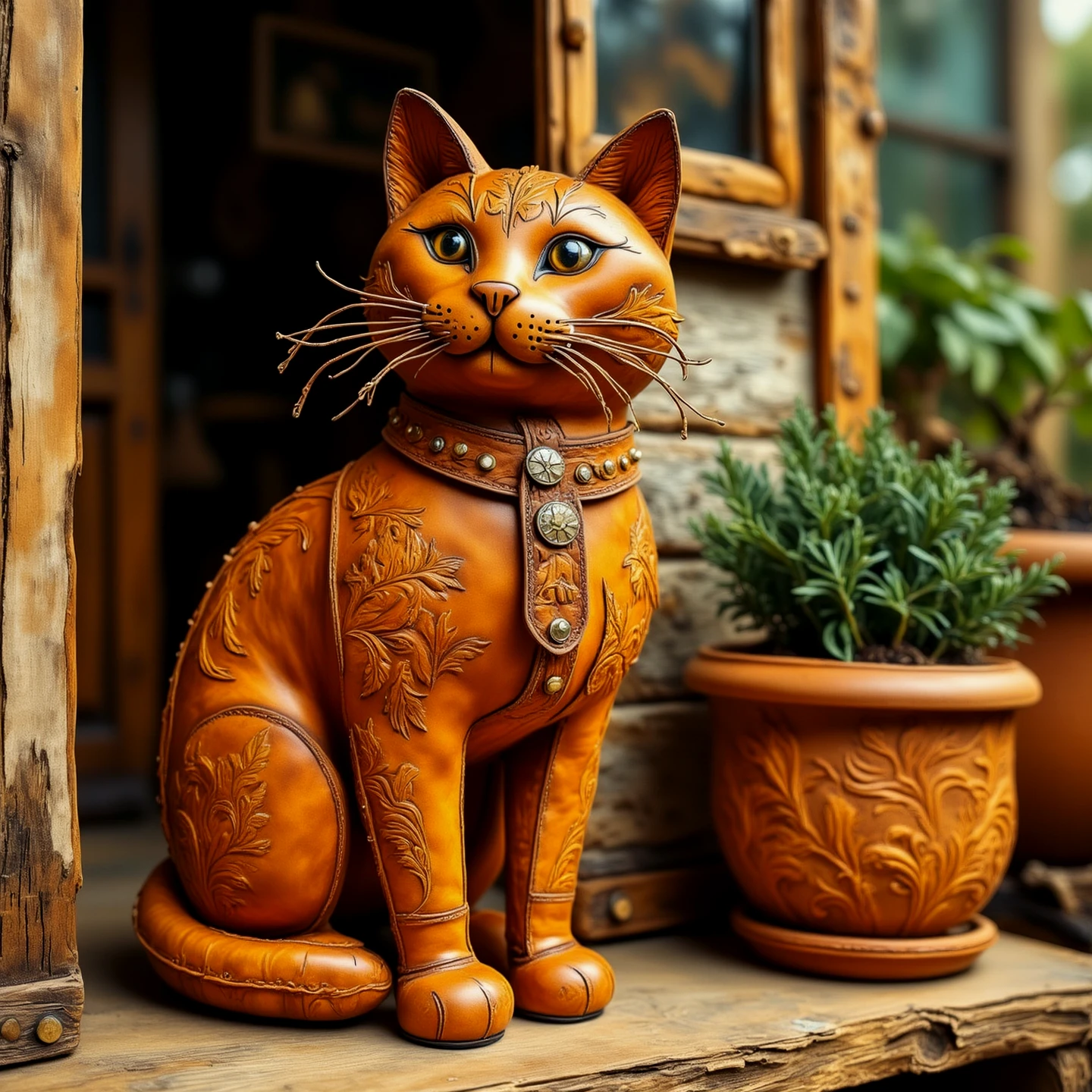 A leather cat. Sitting on a sunny porch beside a potted plant. The house is made of weatherboards with the paint peeling in lonf strips.

lthrCE style