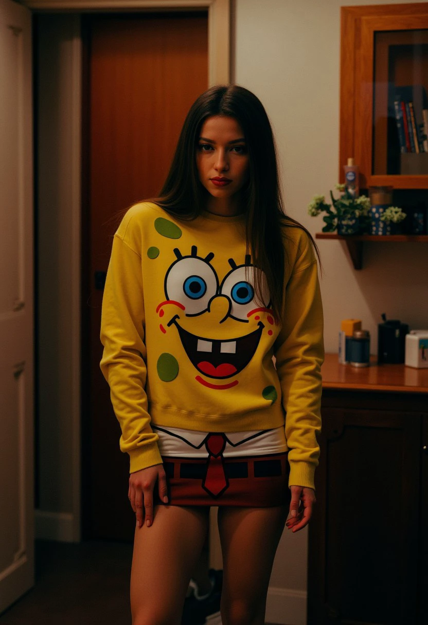 candid photograph of missbo wearing a spongebob squarepants costume, cinematic, pg, sfw, halloween house party with low lighting