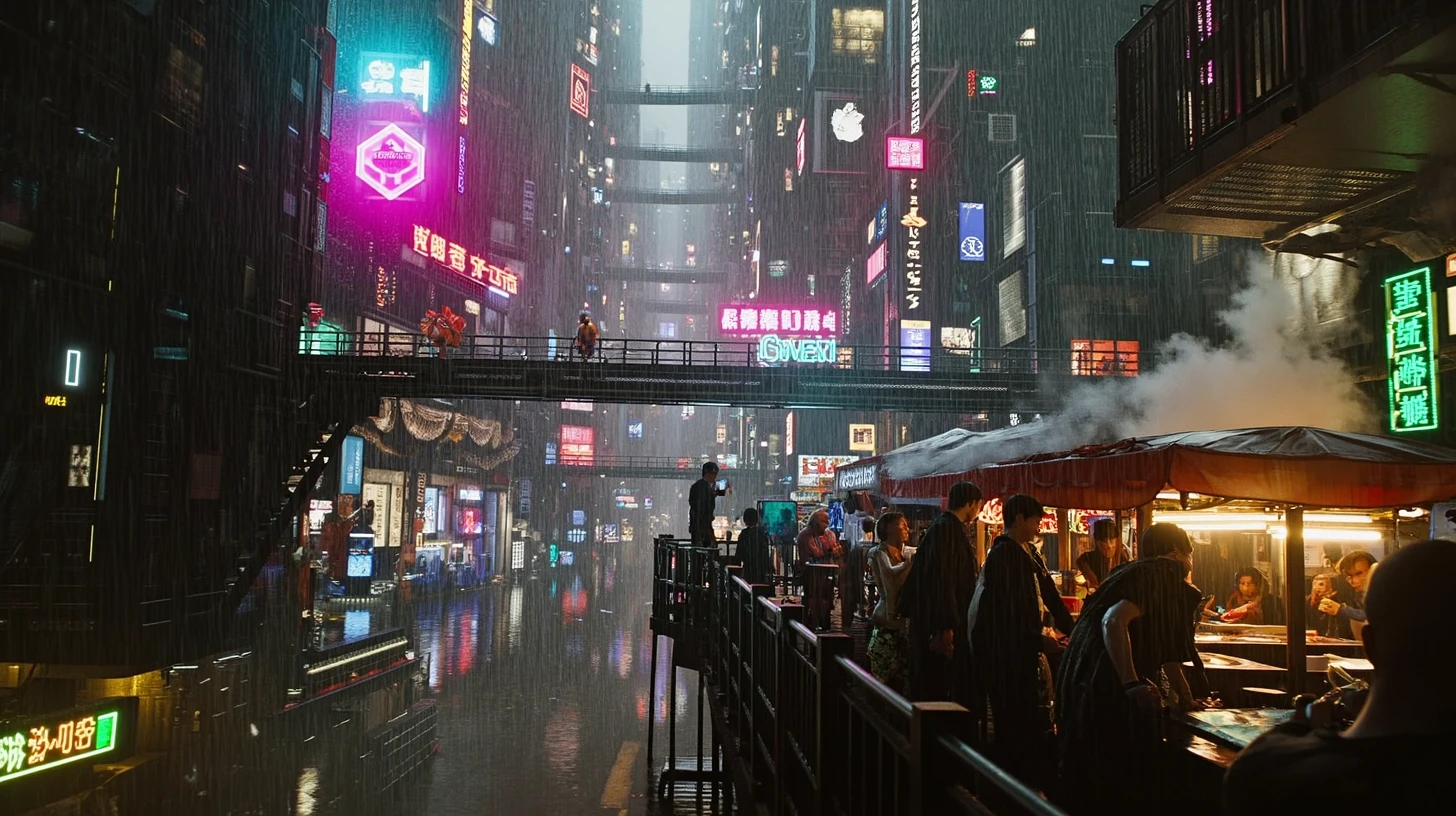 Cinematic, medium shot of a bustling dystopian city platform suspended between towering skyscrapers, bridges crisscrossing above and below, with layers of the city descending into the depths below, glowing in neon pink, blue, green, and red tones, rain pouring down as a mix of people, robots, and cybernetically enhanced individuals move through the crowded streets, small black-market stalls illuminated by flickering neon signs, smoke rising from food vendors on the right, the air thick with steam, noise, and the hum of technology, circa 2077, shot from an eye-level perspective, immersing the viewer in the chaotic energy, vibrant neon colors reflecting off the rain-soaked streets, the scene alive with the pulse of dystopian urban life, shot by RED Weapon 8K using Cinestill 800T, by Denis Villeneuve, evoking a gritty yet vibrant atmosphere of a futuristic world filled with technology and life