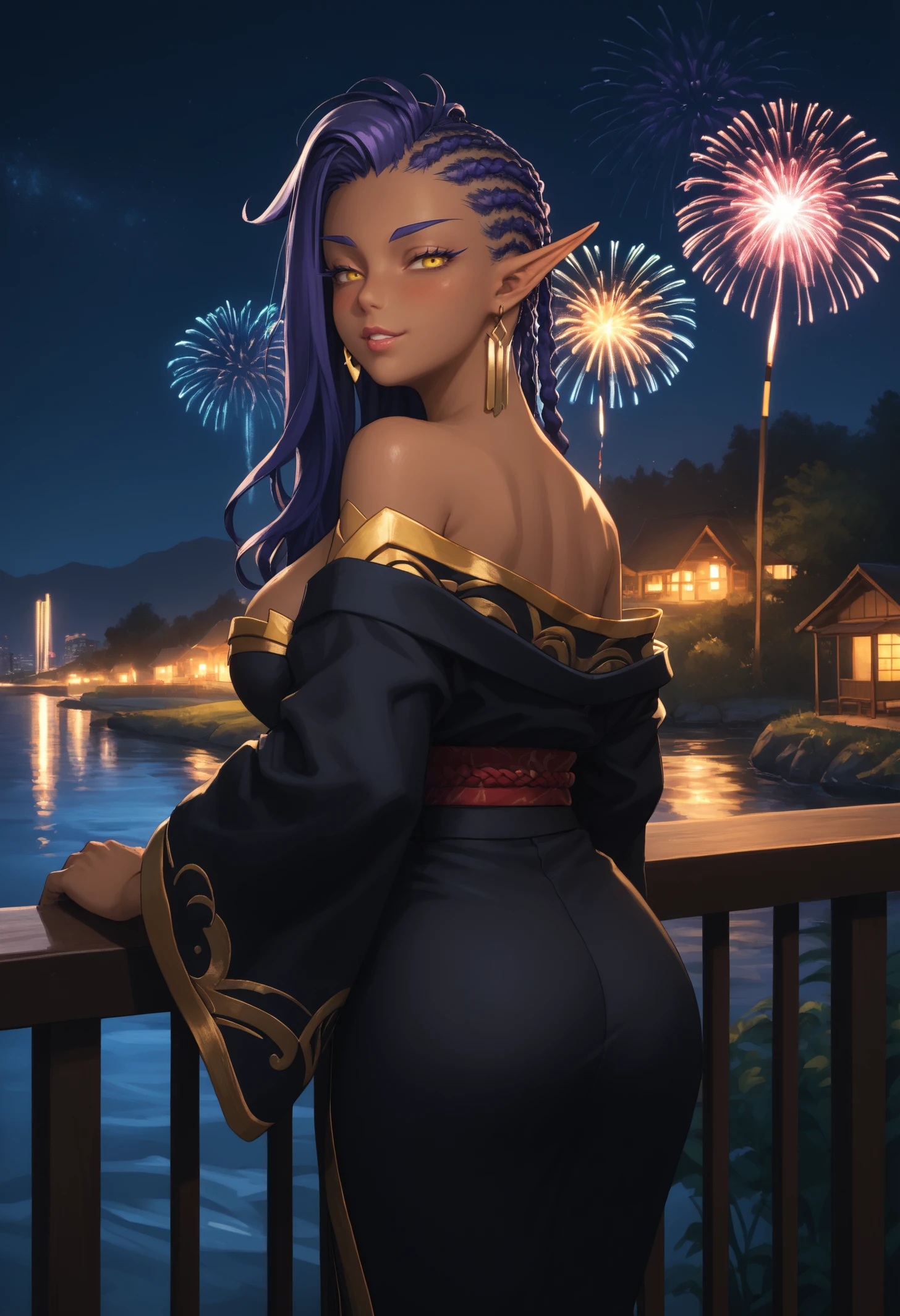 score_9, score_8_up, score_7_up, 1girl, elaishasub, pointy ears, dark-skinned female, yellow eyes, earrings, purple hair, long hair, sidecut, dreadlocks, large breasts,
black kimono, off-shoulder kimono,
looking at viewer, looking back, seductive smile, blush, parted lips, bedroom eyes, cowboy shot, rear view, railing,
outdoors, night, dark, fireworks, river,
<lora:Subverse-Elaisha-PDXL_V1-Manityro-CAME:1.0>,