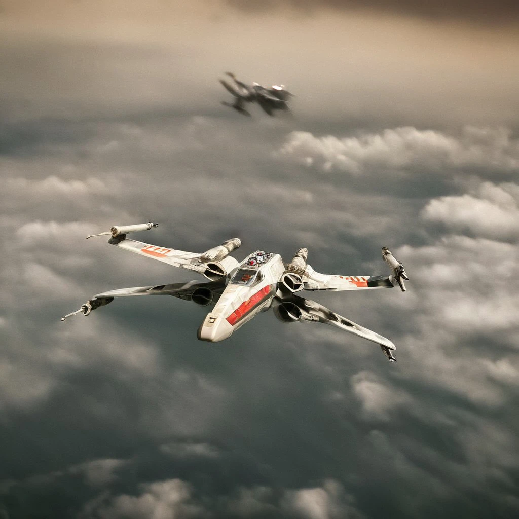 cinematic film still, detailed, perfect, 
X-wing a group of fighter jets flying through a cloudy sky,sky,cloud,military,no humans,scenery,flying,science fiction,realistic,aircraft,military vehicle,airplane,vehicle focus,jet , star wars style, from front, shallow depth of field, vignette, highly detailed, high budget, bokeh, cinemascope, moody, epic, gorgeous, film grain, grainy