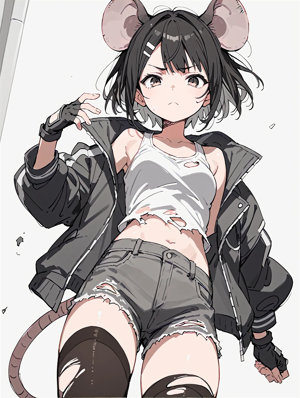 score_9,score_8_up,score_7_up, <lora:M.M.S:1>,mms,monochrome manga sketch,monochrome,sketch, 1girl, jane doe, solo, rat ears, black hair, torn clothes, fingerless gloves, jacket, shorts, pantyhose, thighhighs, multicolored hair,