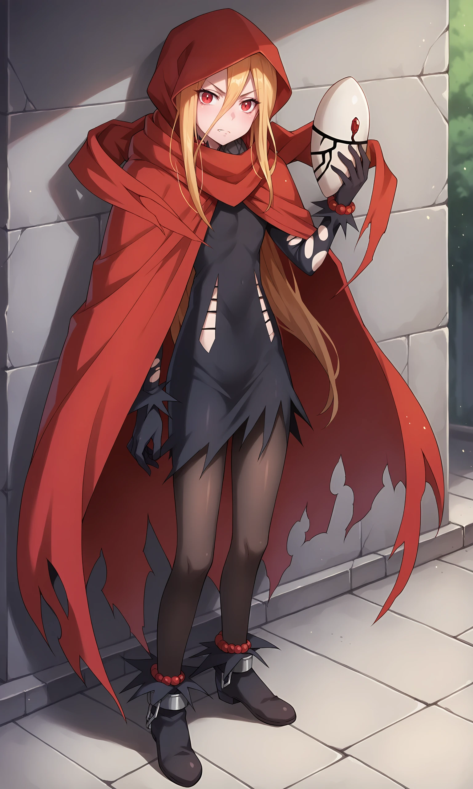 score_9, score_8_up, score_7_up, score_6_up, score_5_up, score_4_up, black_short_dress_brown_pantyhose, Evileye, looking_at_viewer, solo, closed_mouth, frown, fang_out, red_cloak, hooded_cloak, torn_cloak, hood_up, black_gloves, red_bracelet, bead_bracelet, white_mask, mask_removed, holding_mask, torn_cloak, hood_up, torn_dress, torn_pantyhose, boots, black_footwear, anklet, ankle_cuffs, standing, full_body, outdoors, <lora:Evileye_V1.5(SDXL):1> <lora:hand 4:1>, Hand, detailed, perfect, perfection, hands,