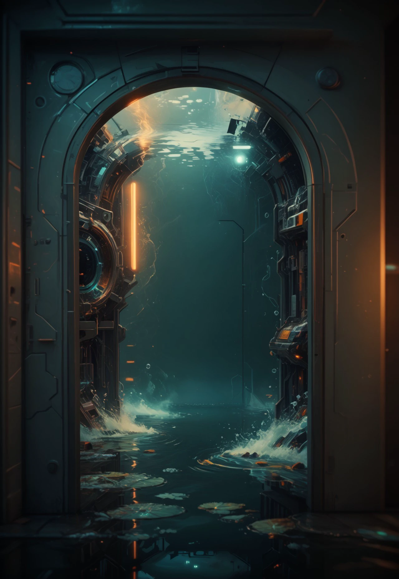 sdfxlz, reflection, no humans, water, blurry, solo, science fiction, portal, portals, doorway, futurism, fantasy, background, ultra hd, 32k  BREAK PonyXLV6_Scores