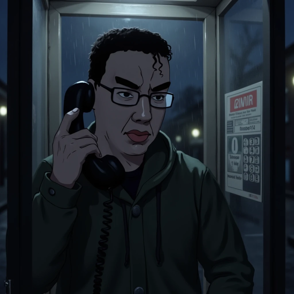 High quality digital art of Chudjak standing in a telephone booth on a dark rainy night. He is wearing glasses, has furrowed eyebrows, and a wet rain coat. He is holding the phone up to his ear. The number pad is visible, and it has only one large button that says 8. Trending on Artstation. <lora:chudjak-flux-dev-000013:1>