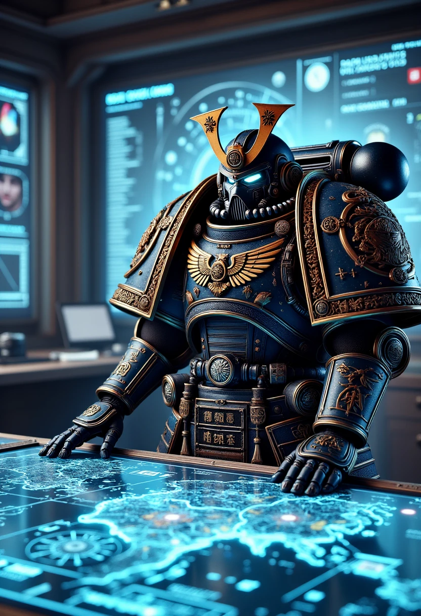 Image a photorealistic depiction of an Edo Space Marine engaged in a strategic planning session within their war room. The Marine, surrounded by holographic star maps and tactical data, stands over a large display table. Their armor is adorned with medals and symbols of honor. Photorealism & Style: Medium shot from an angle, capturing the Marine’s focused expression and the high-tech, yet traditional atmosphere of the war room. The lighting is cool and artificial, highlighting the futuristic technology contrasted with the samurai aesthetics.