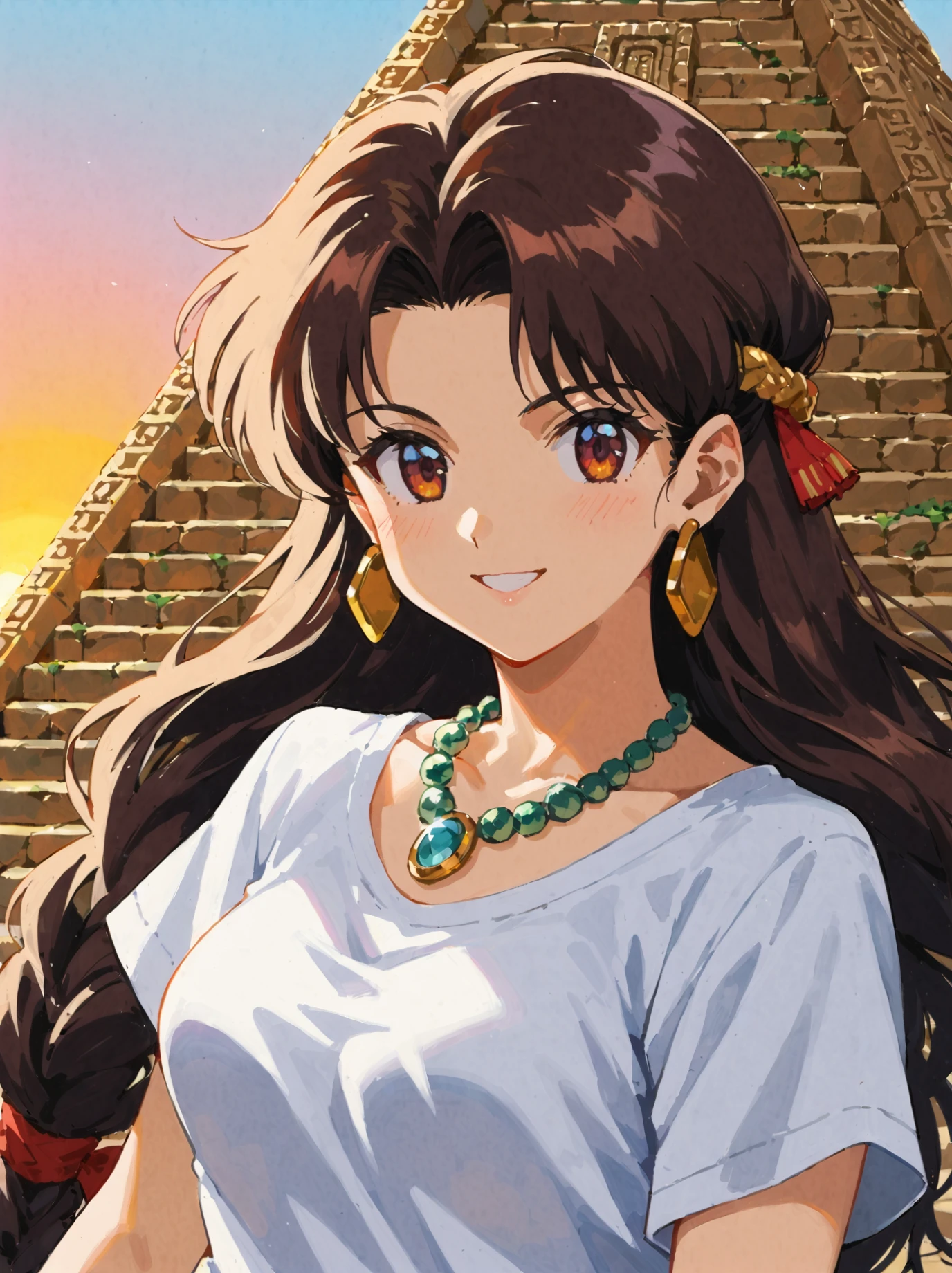 score_9, score_8_up, score_7_up, source_anime, dynamic pose, portrait, sunny day, 1girl, dark brown hair, long hair with braid, traditional Mexican poncho, warm smile, blush, no shirt, silver pendant, hoop earrings, warm light from side, 90s, retro, medium breasts, ((Mayan pyramid background)), marigold flowers, vibrant sunset, looking at viewer,(masterpiece,high detail