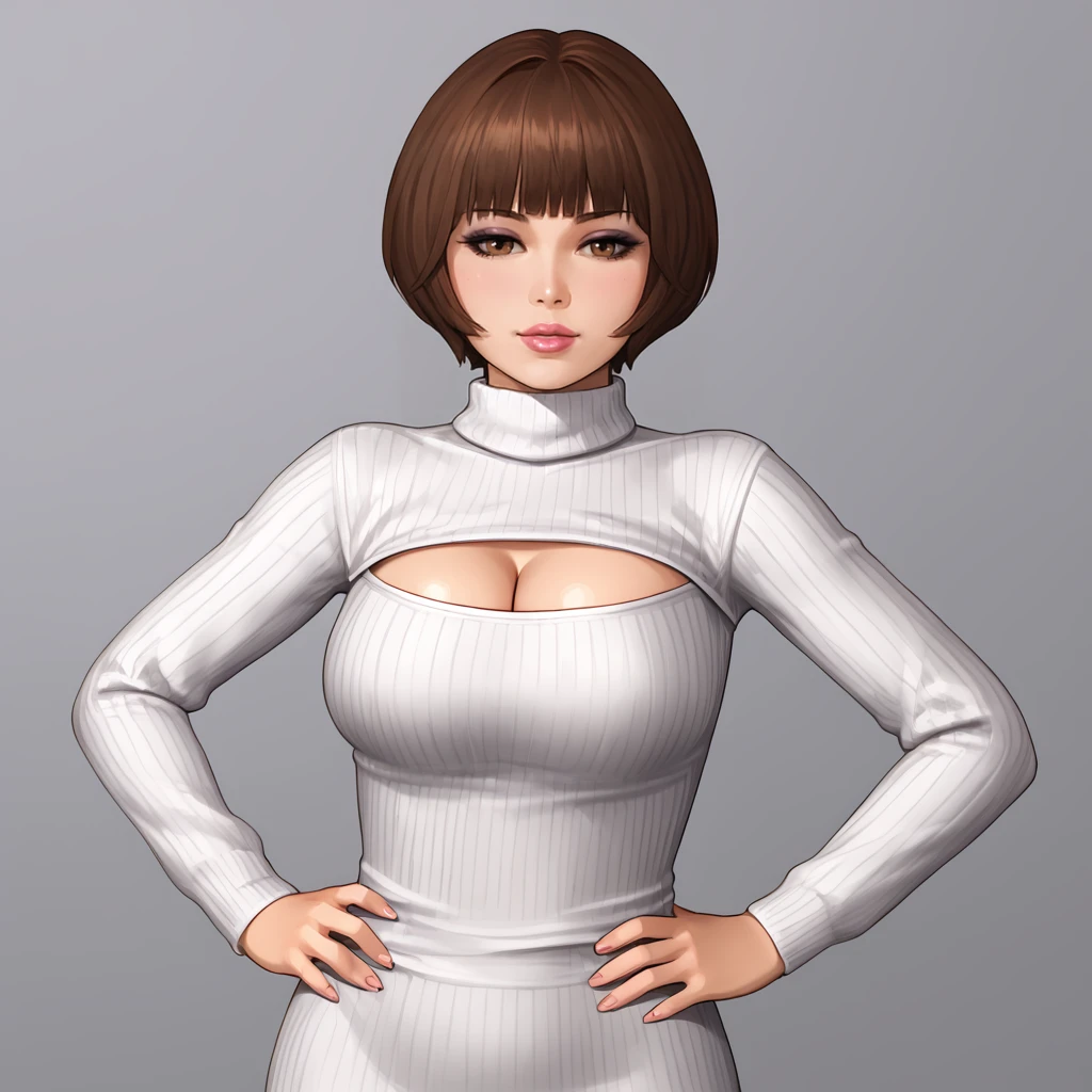 <lora:jessicaresidentevilrevelations_pony_v1:.8> JessicaFBC, 1girl, solo, large breasts, short hair, brown hair,  blunt bangs, hands on hips, lipstick,eyeshadow, cowboy shot, <lora:open-chest-sweater-ponyxl-lora-nochekaiser:1> open-chest sweater, ribbed sweater, cleavage cutout, meme attire, clothing cutout, turtleneck, sweater dress, cleavage, clothes tug, sweater pull, cleavage reach,