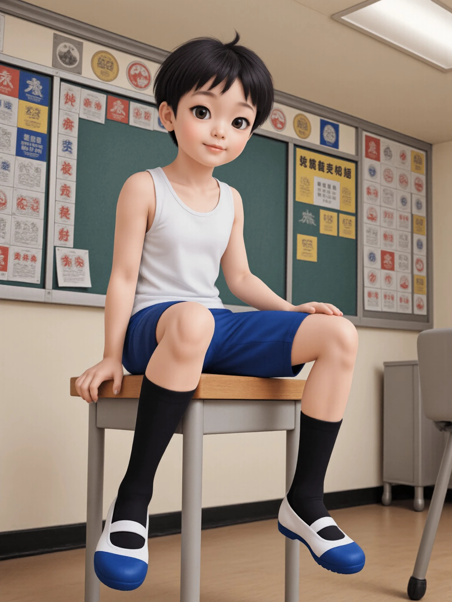 A cute Japanese boy sitting on a lectern within a classroom. He is wearing uwabaki and black socks.Uwabaki is paired with blue and white shoes.He is wearing white tank top and dark blue track shorts. The setting is a classroom.This is a technically excellent HD shot,with the foot as the focal point and the entire body of the subject,<lora:uwabaki-000016:0.9>,