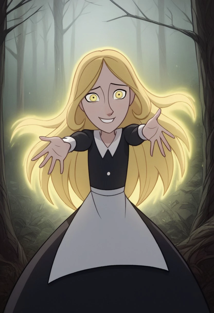 (zPDXL3) source_cartoon, robyn_goodfellow_v2, blonde hair, long hair, solo, black dress, apron, smile, ominous, 1girl, looking at the viewer, reaching at you, dark forest, yellow eyes, glowing yellow aura, glowing hair, Hand, detailed, perfect, perfection, hands