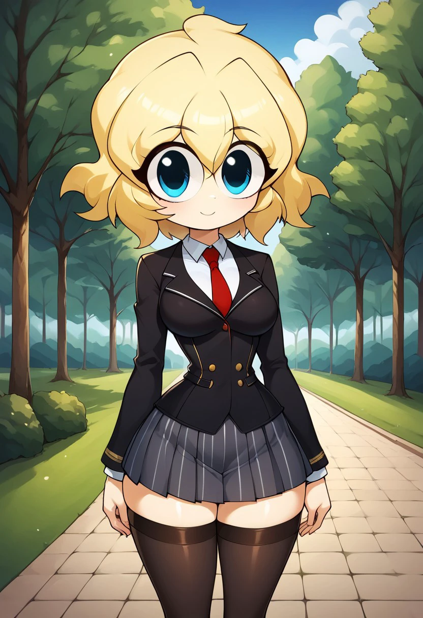 score_9, score_8_up, score_7_up, masterpiece, best quality, Park, forest, (very beautiful eyes, big thighs, thin waist, medium breasts), 1girl, JillOC,, Blonde hair, blue eyes, short hair, Chibi, School uniform, black jacket, grey striped skirt, tie, long stockings, smile,