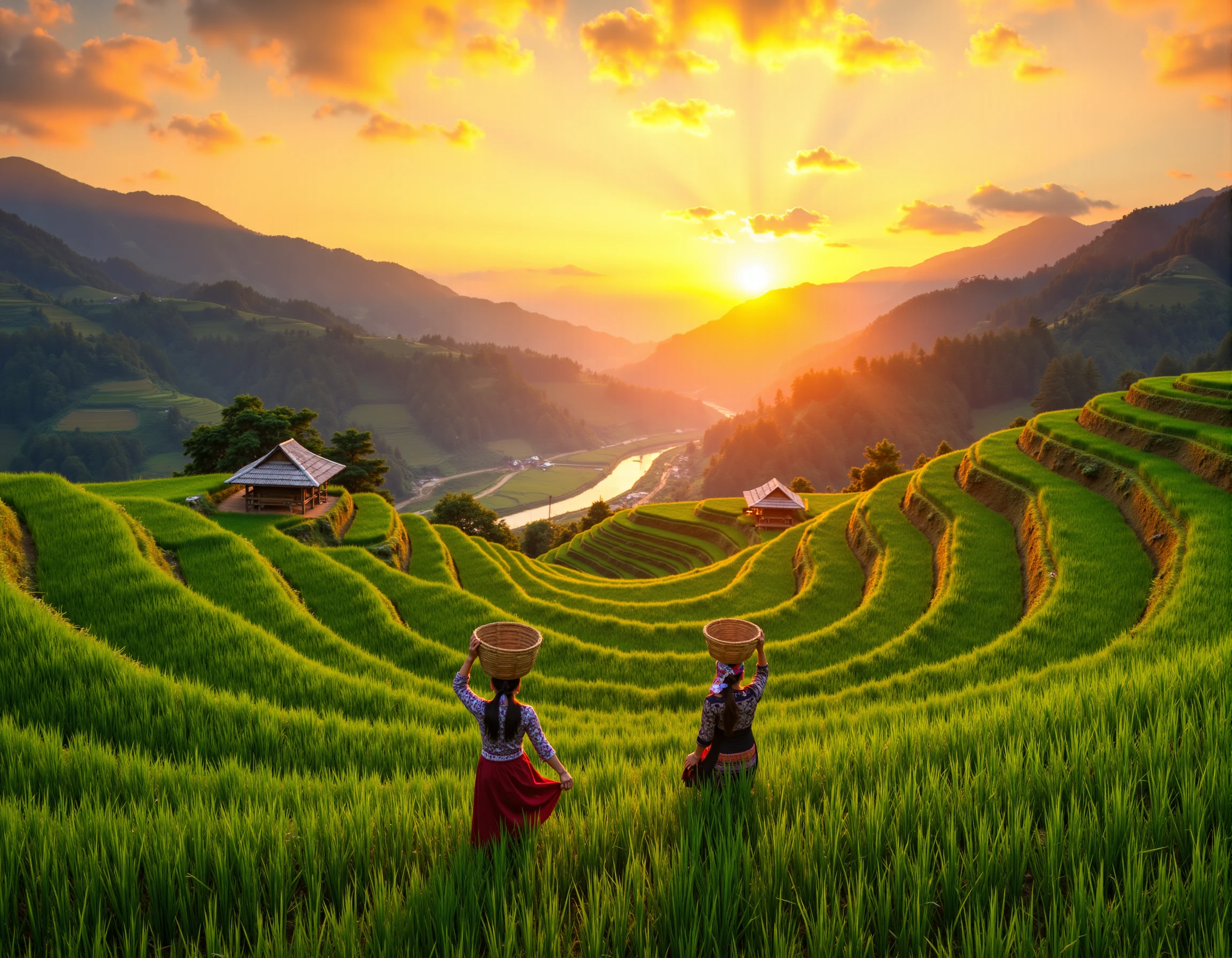 RC Hoang, Vietnamese, mucangchai, two women walking through a beautiful landscape of a rice terraced field. The field is surrounded by mountains and valleys, and the sun is setting in the background, creating a warm orange glow over the scene. The women are carrying baskets on their heads and appear to be walking towards the horizon. The terraced fields are lush and green, and there are a few small huts scattered throughout the landscape. The sky is a mix of orange and yellow hues, indicating that it is either sunrise or sunset. The overall mood of the image is peaceful and serene.
<lora:Flux_lora_mucangchai_Vietnamese_RC Hoang:1>