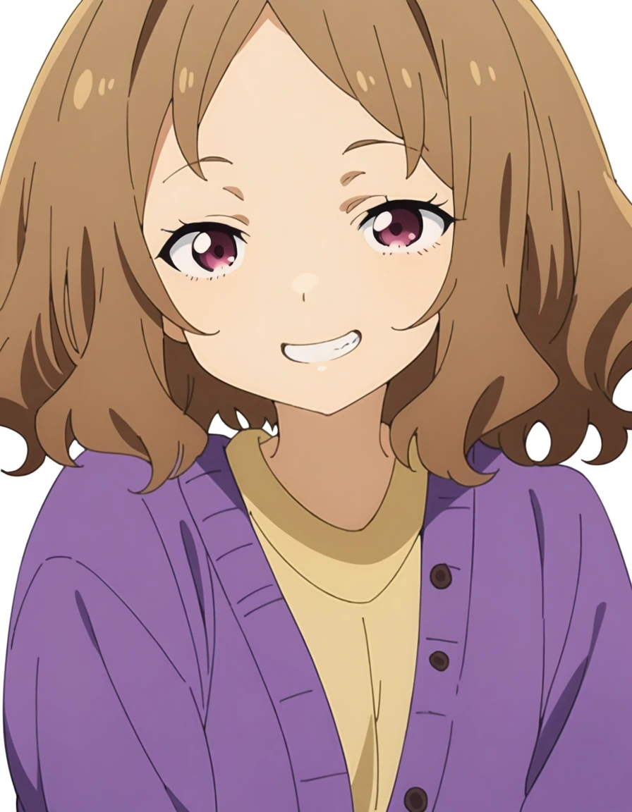 masterpiece, best quality,high quality, very aesthetic, absurdres, 1girl, amanatsu sensei, brown hair, purple eyes, short hair, parted bangs, purple cardigan, yellow shirt, long sleeves, purple skirt, purple pantyhose, <lora:amanatsu_sensei_animagineXLV31_Lion_:0.9>, white background, simple background, face focus, close-up, smile, open mouth, teeth,