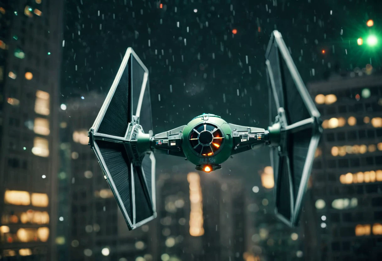 TIE fighter a star wars tie fighter flying through a city,military,no humans,night,star (sky),flying,science fiction,realistic,aircraft,space,vehicle focus,spacecraft , star wars style, battle, laser beam from tie fighter, green weapon, burstfir, shallow depth of field, vignette, highly detailed, high budget, bokeh, cinemascope, moody, epic, gorgeous, film grain, grainy