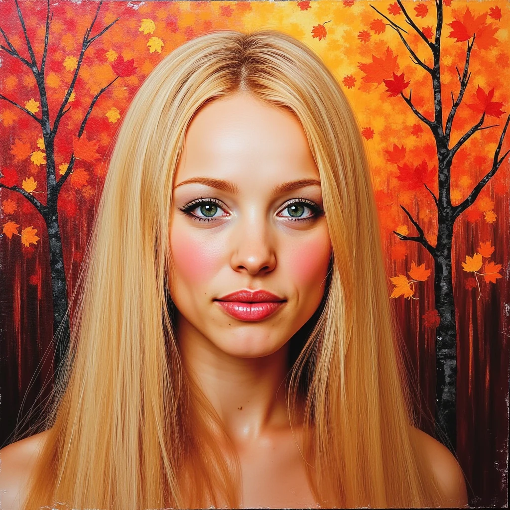 woman, blonde, light makeup, Expressionistic abstract painting utilizing a rough palette knife technique depicting the face of a woman with long flowing hair in the fall. The autumn theme is respresented through primary use of the colors red, orange and brown as well as autumn trees and leaves, high quality