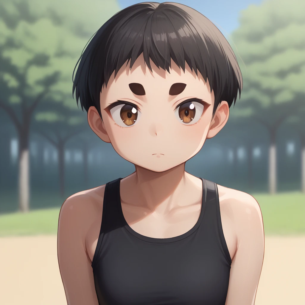 score_8_up, BREAK, ShibaEyebrow, short eyebrows, 1girl, solo, black hair, brown eyes, short hair, black sports bra, upper body,  <lora:Shiba_eyebrows_PXL_Leaf1:1>, outdoors, depth of field,