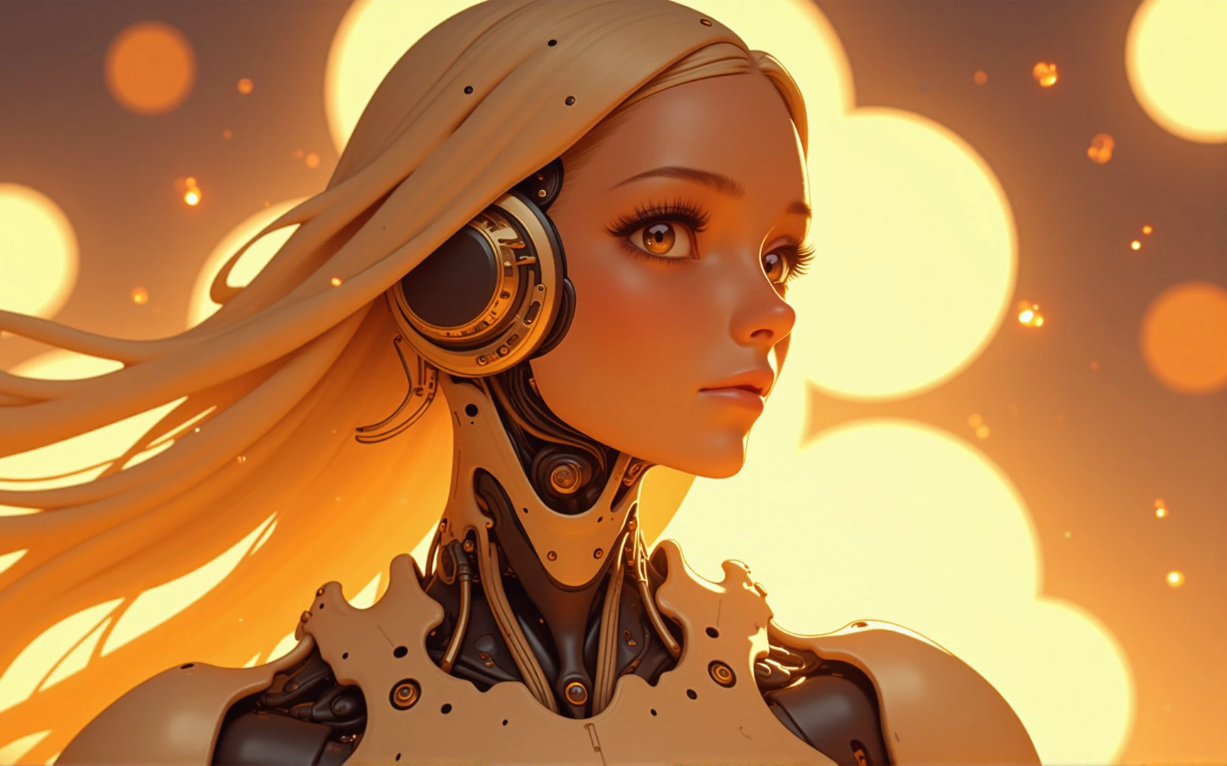 A humanoid robot with lifelike features, characterized by long flowing blonde hair and expressive black eyes with prominent eyelashes. The robot is constructed from a combination of metallic components, showcasing shades of gold and beige that blend seamlessly into the background's warm glow. Positioned against an out-of-focus backdrop adorned with soft bokeh effects emanating circular light sources, enhancing its otherworldly presence.