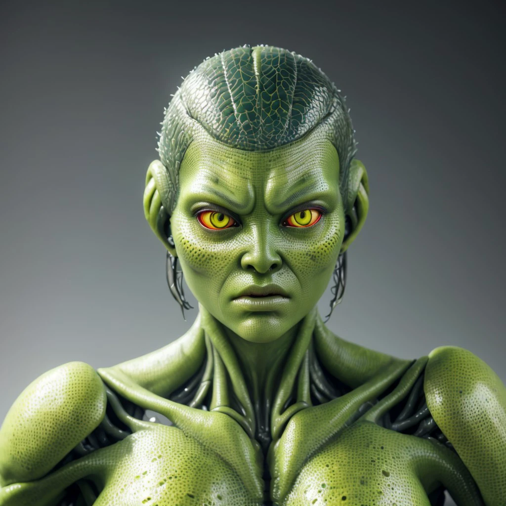 a muscular extraterrestrial woman from Star Wars, green skin, detailed tattoos, 1girl, bust, nude, naked, futa, big lips, big , sexy smile, moan, photorealistic, 8k, hyper detailed, cinematic lighting, dramatic rendering, concept art style,licking