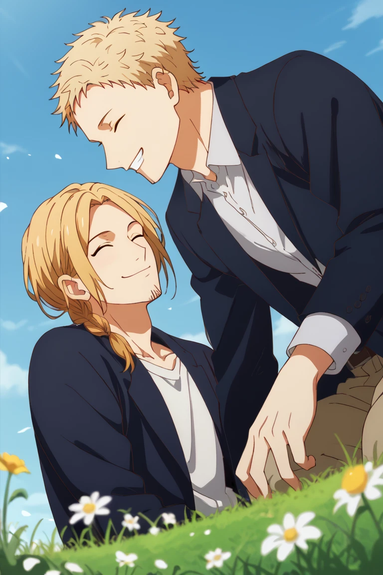 score_9, score_8_up, score_7_up, source_anime, rating_safe, KajiGIVEN, HarukiGIVEN, gay couple focus, yellow_Kaji_short hair, sweet smile, 1stboy, blonde_Haruki_male hair, [black_Haruki_facial hair], wide smile, 2ndboy, anime screencap, sitting, closed eyes, husband and wife, blurry outdoor riverbank, many flowers, grass, from below, cute-sweet wallpaper, Spring theme