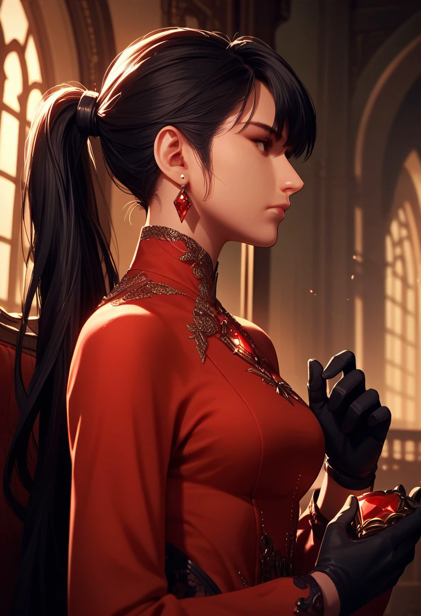 score_9,score_8_up,score_7_up,source_anime, EVE07,1girl,solo,long hair,bangs,black hair,gloves,long sleeves,dress,holding,jewelry,closed mouth,upper body,ponytail,earrings,black gloves,indoors,from side,profile,red dress,gem,